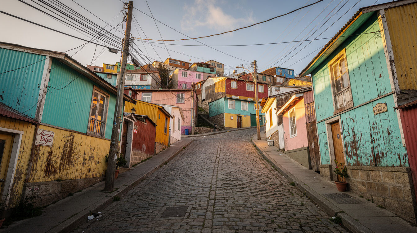 Colorful hillside street with painted houses in Valparaíso, Chile